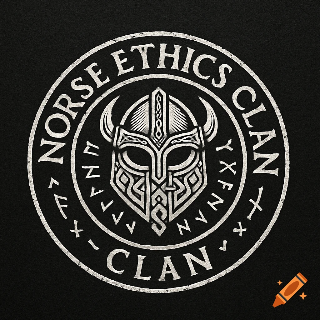 White and black round logo featuring a stylized Viking helmet surrounded by the words NORSE ETHICS CLAN and Norse runes, with a distressed texture.