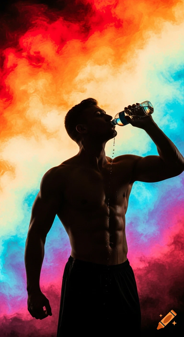 Silhouette of a muscular man drinking water, with water spilling down his chest, against a vibrant, colorful abstract background.