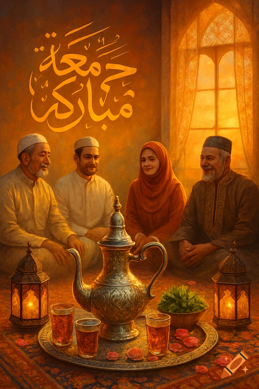 A family gathered around a tea tray with a silver teapot and glasses, under warm light, with 'Jummah Mubarak' in Arabic calligraphy above.