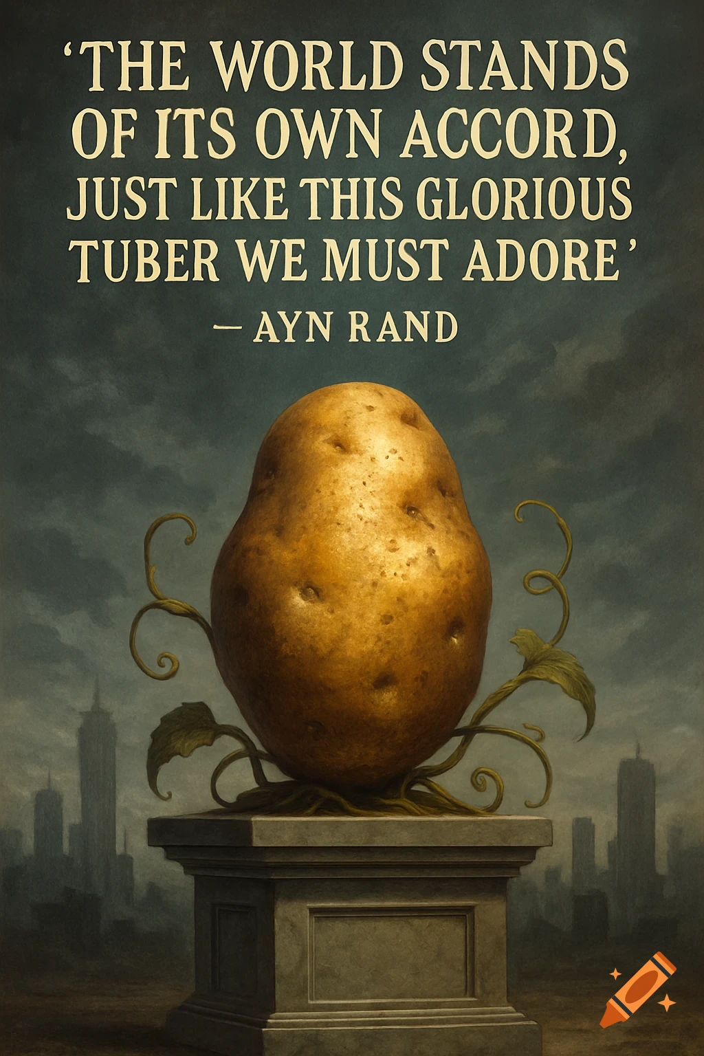 A golden potato on a stone pedestal with tendrils in a dark cityscape, with a satirical Ayn Rand quote above it.