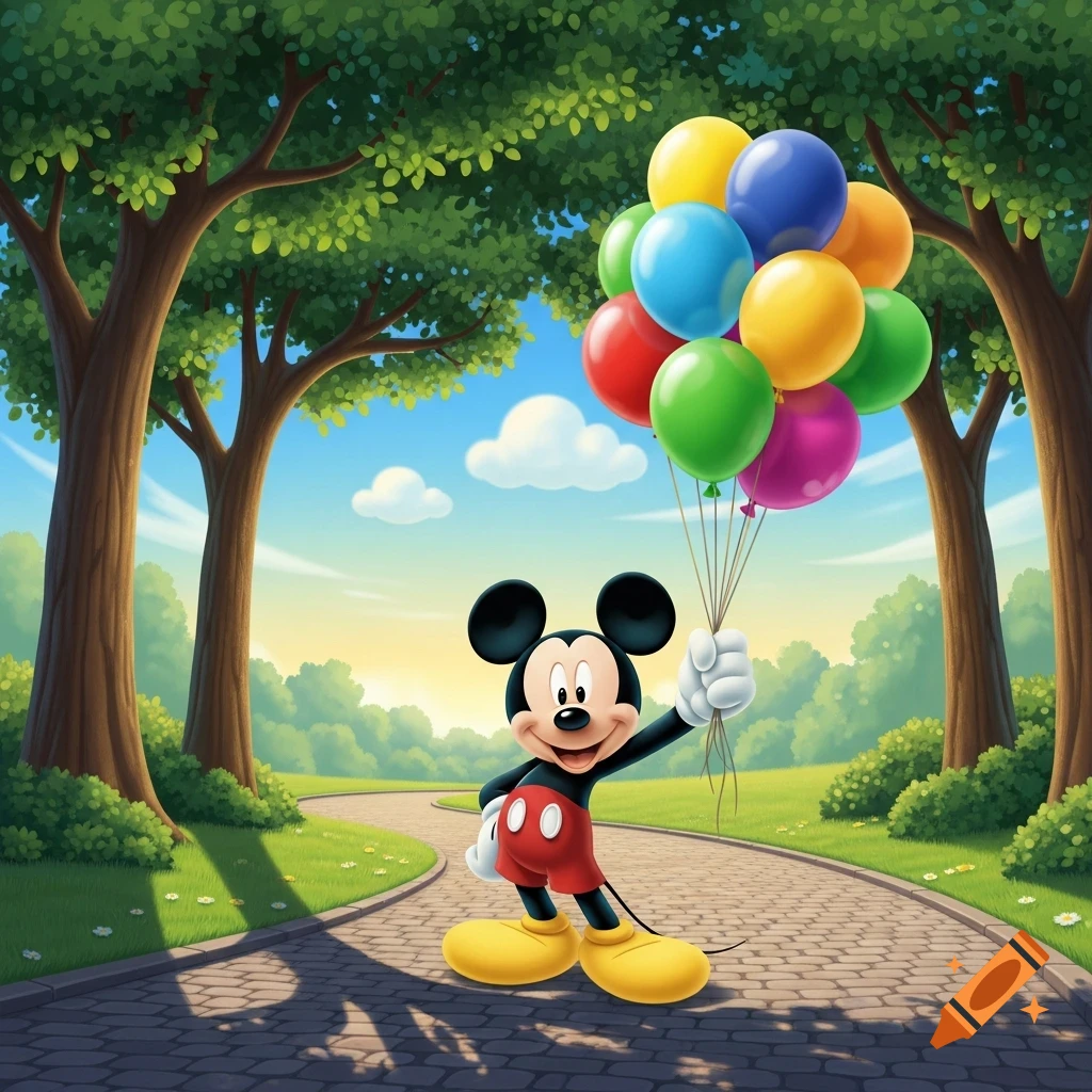 Mickey Mouse holding a large bunch of colorful balloons, standing on a paved path in a sunny park with trees.