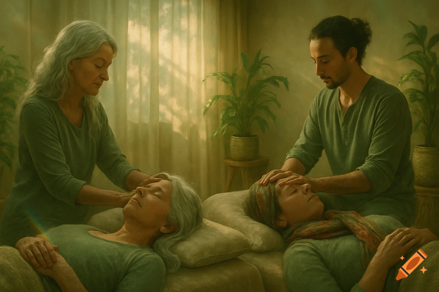 Two therapists give head massages to two clients lying down in a softly lit room with plants, creating a serene atmosphere.