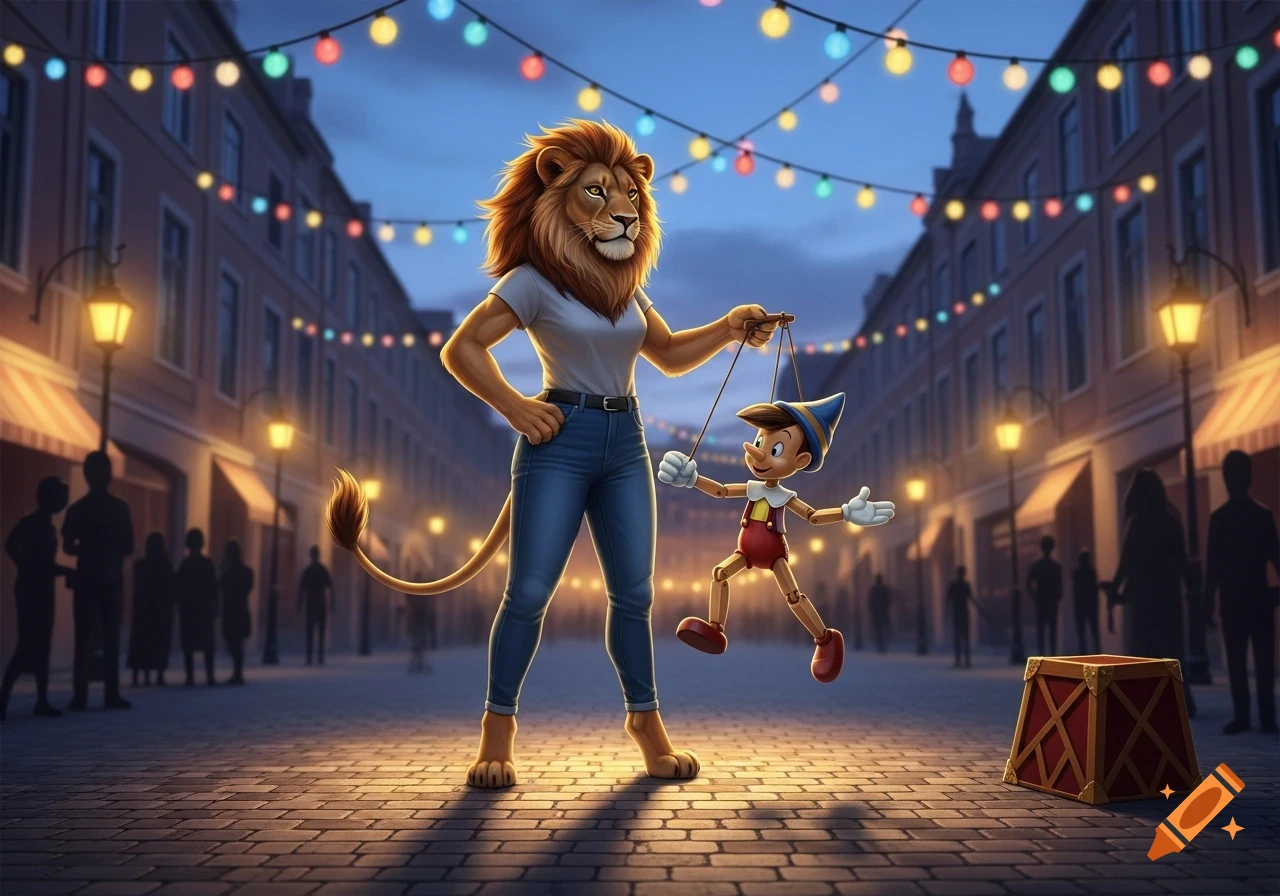 A humanoid lion in jeans holds Pinocchio by strings like a puppet on a festive street at dusk, with buildings and blurred figures in the background.