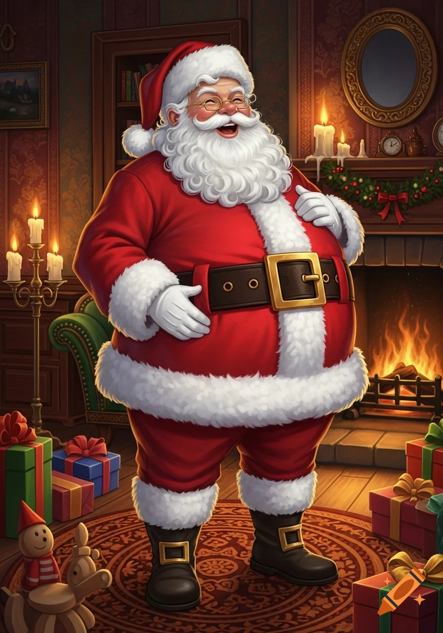A cheerful, laughing Santa Claus in a red suit clutching his belly, surrounded by gifts and a cozy fireplace in a festive illustration.