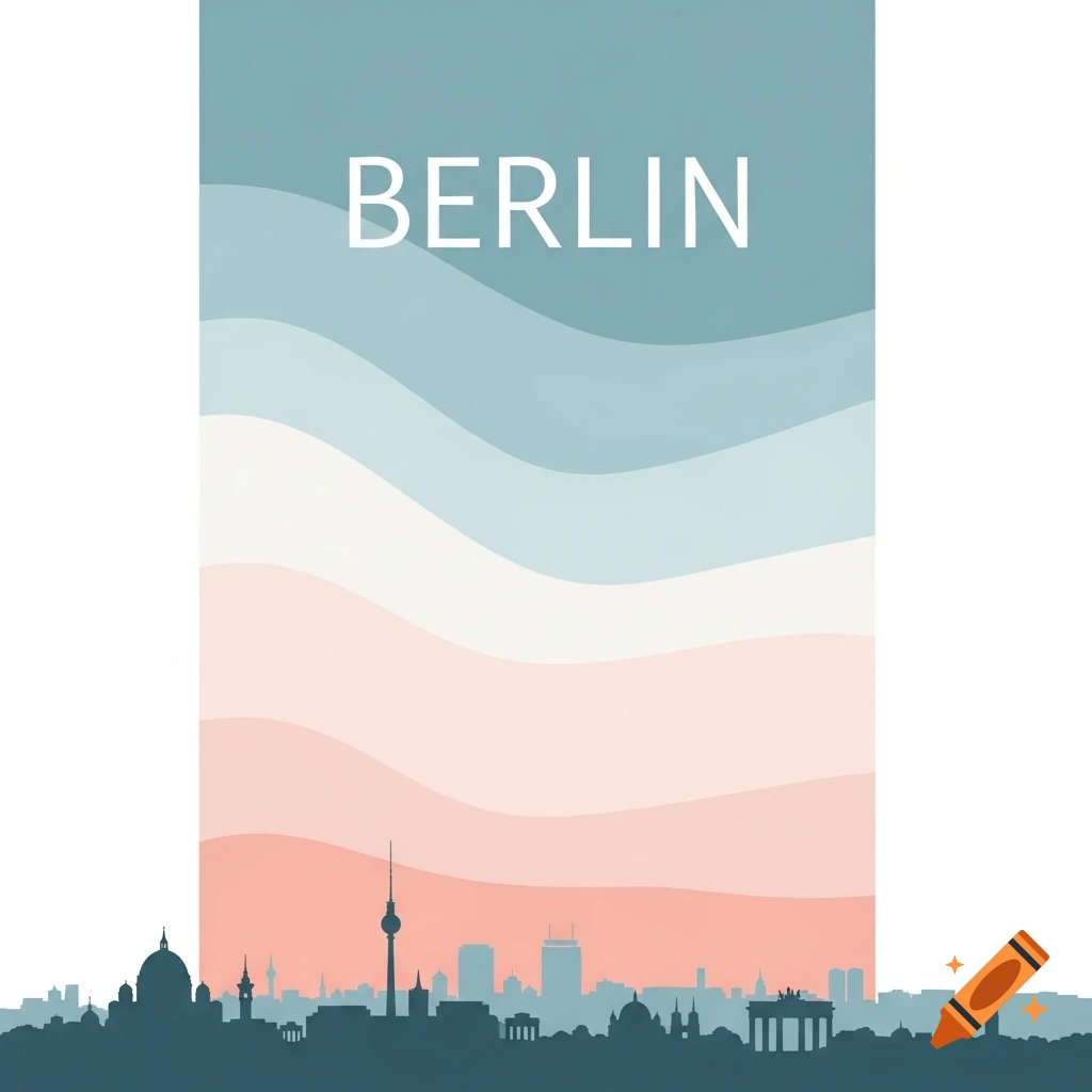 Minimalist art print of Berlin cityscape silhouette under wavy sky color gradients, with 'BERLIN' text.