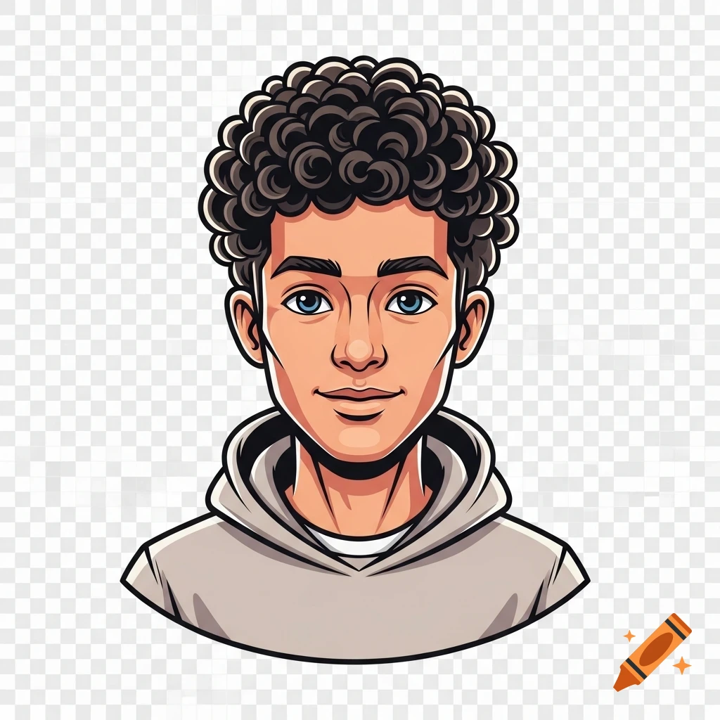 Modern 2D cartoon illustration of a young man with curly hair and blue eyes, wearing a hoodie, on a transparent background.