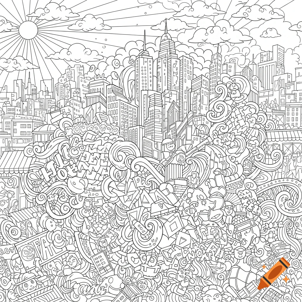 Detailed black and white line art coloring page of a city with ...