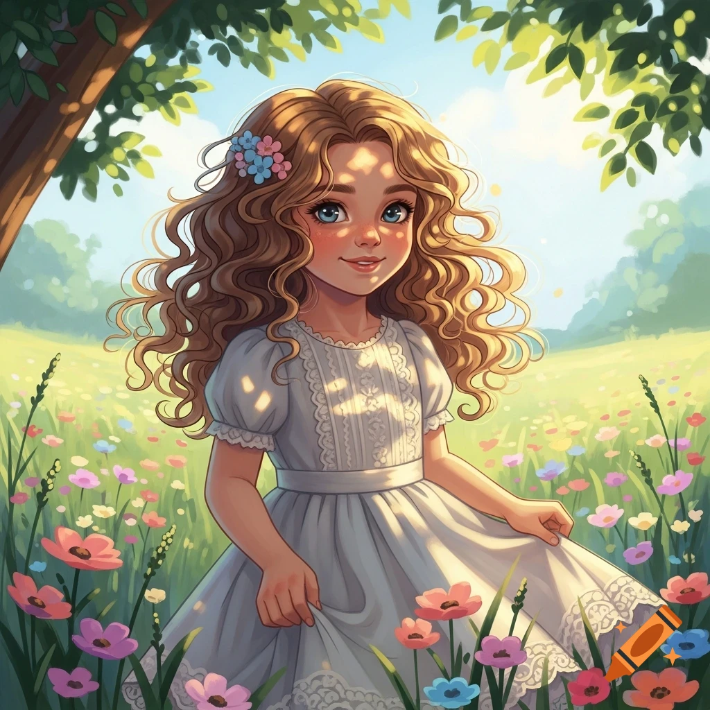 A whimsical illustration of a smiling young girl with long, curly blonde hair wearing a white dress, standing in a sunny field of colorful wildflowers.