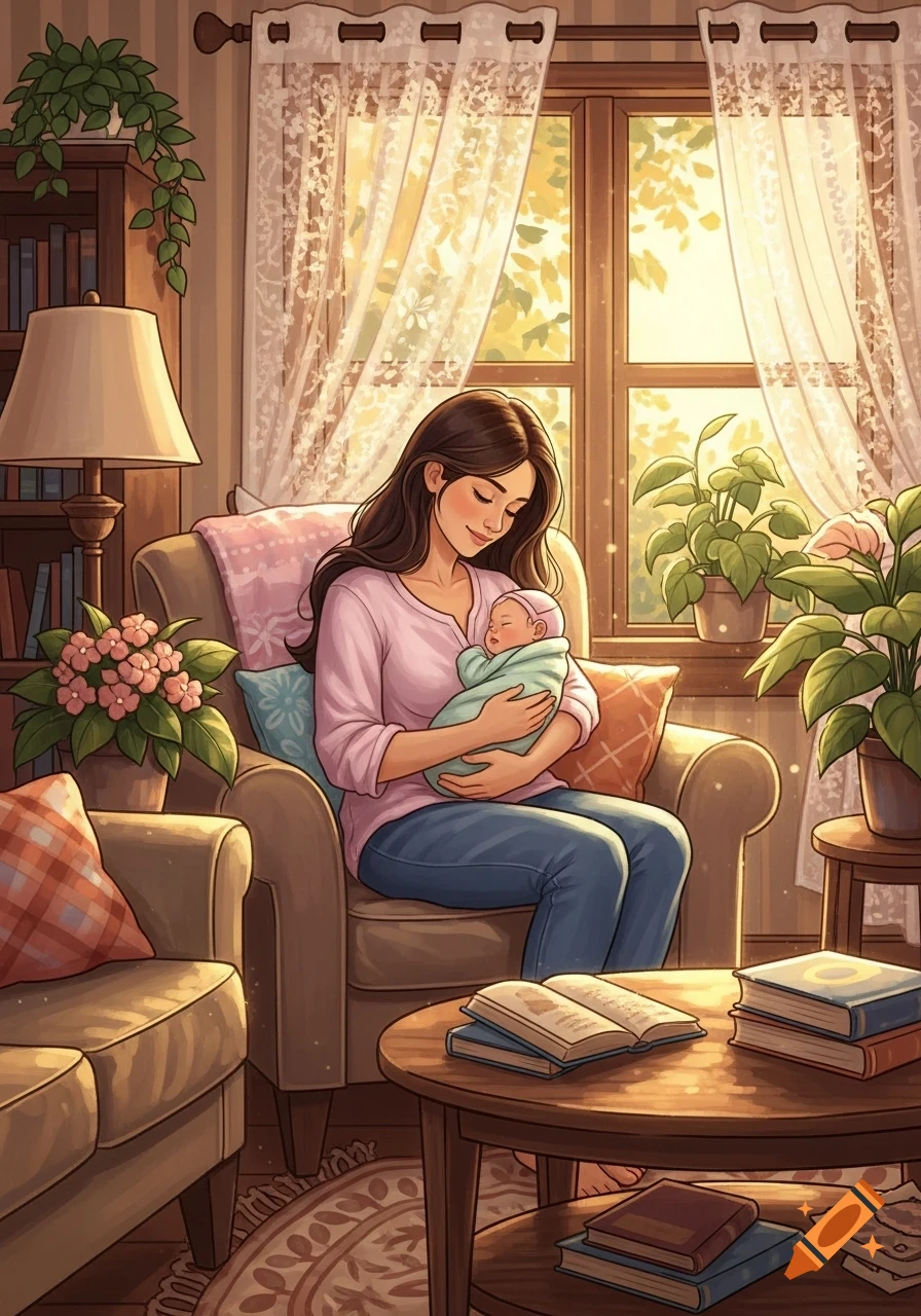 An illustration of a woman cradling a baby in a sunlit, cozy living room filled with plants and books.
