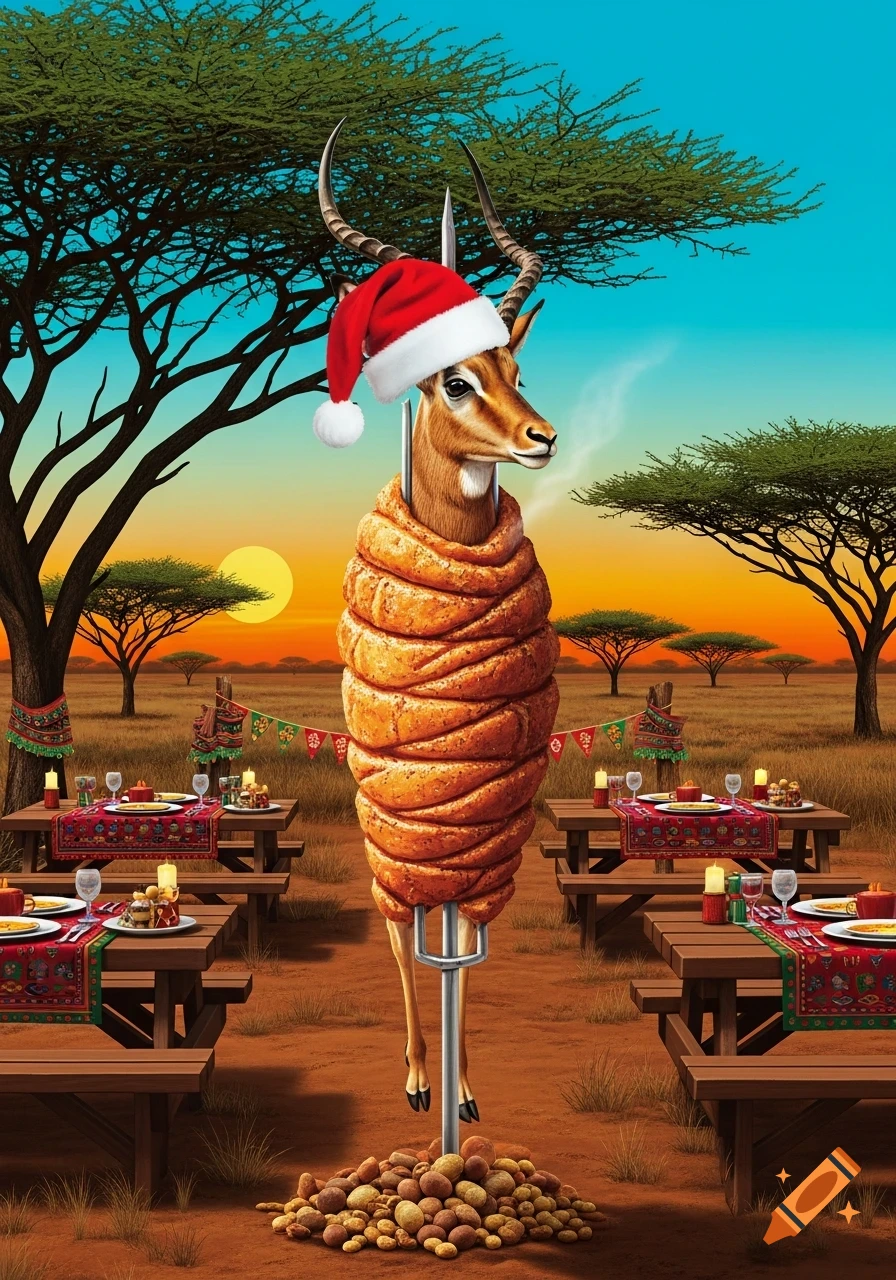 A cartoon impala wearing a Santa hat on a spit roast, surrounded by Christmas-decorated picnic tables in an African savanna at sunset.