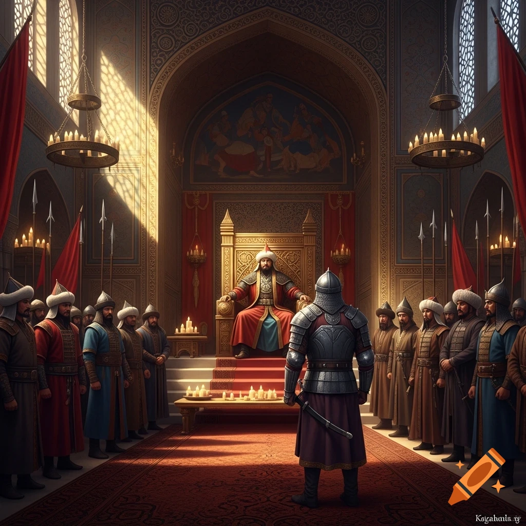 A ruler sits on a golden throne in a grand, richly decorated palace hall, facing a knight in armor. Several soldiers stand on either side.