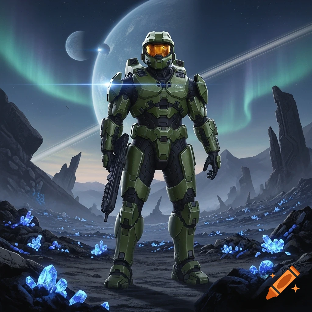 Master Chief in green armor stands on an alien planet with glowing blue crystals under a sky with a ringed planet and aurora.