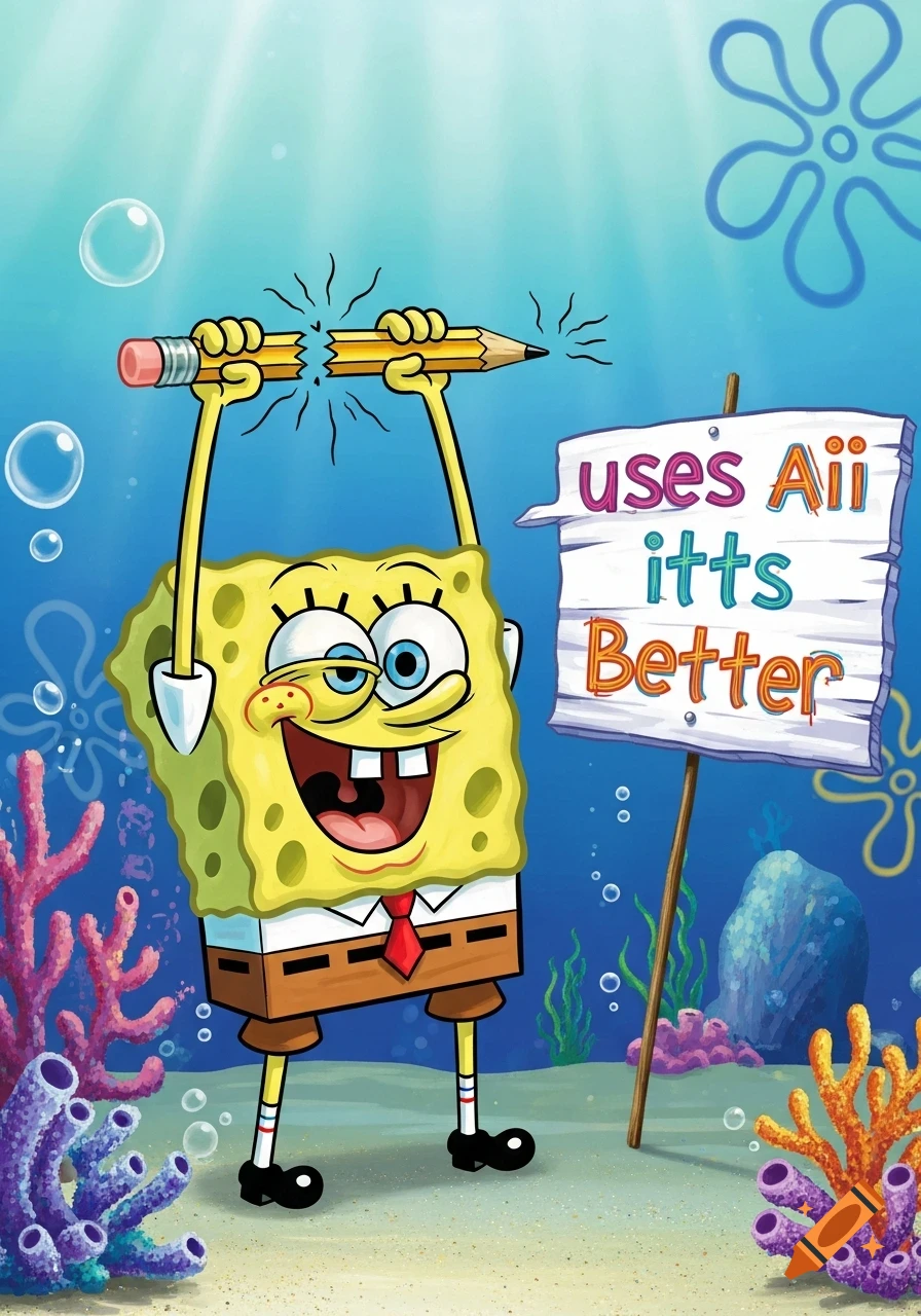SpongeBob SquarePants happily breaks a pencil underwater while a sign next to him reads "uses Aii itts Better".