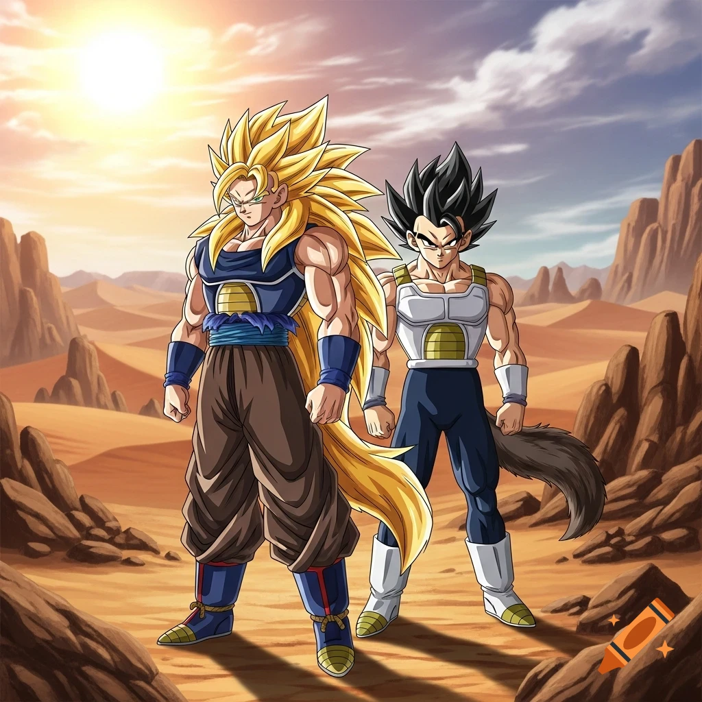 Two muscular Saiyan warriors, one with long blonde hair and the other with short black hair and a tail, stand in a desert landscape under a sunny sky.