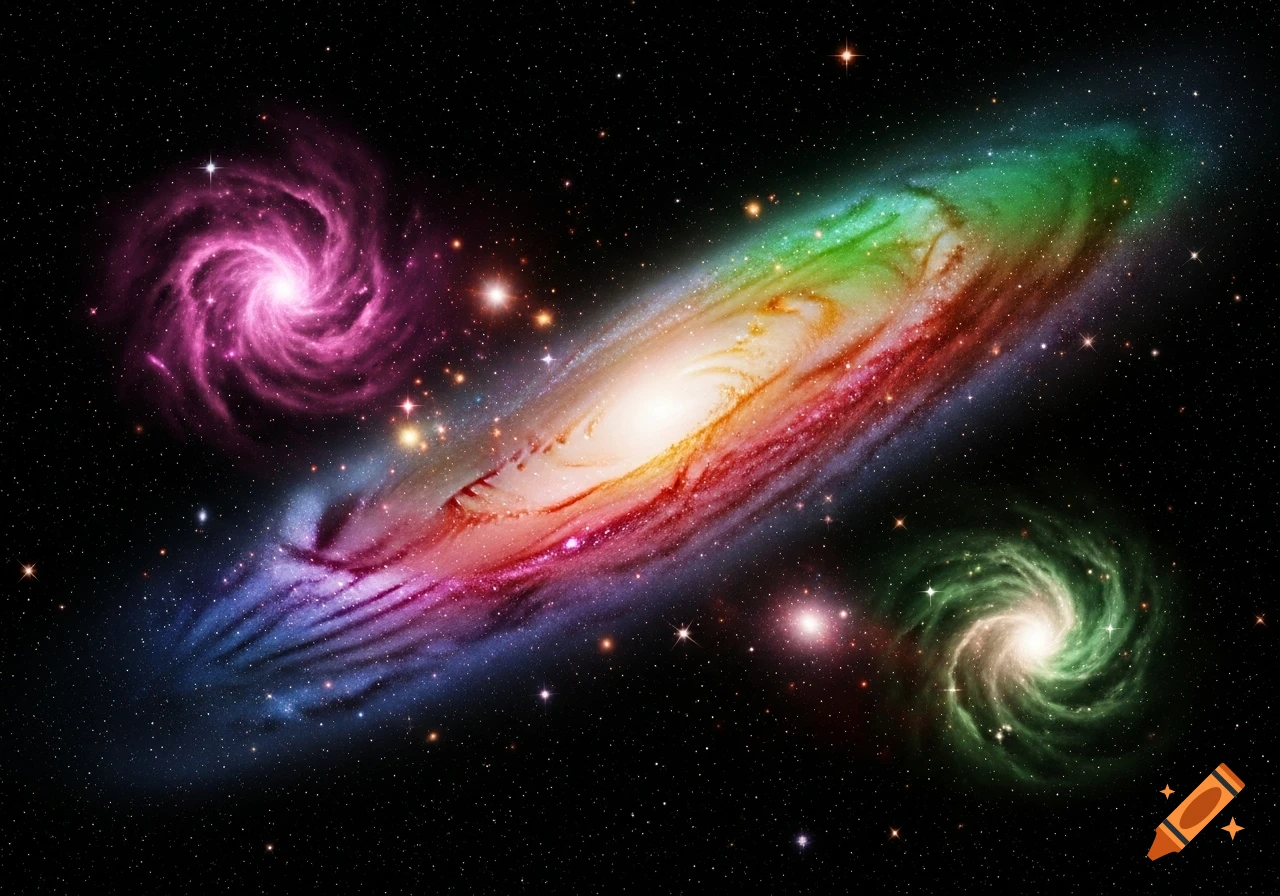 A large, colorful rainbow galaxy surrounded by a pink spiral galaxy and a green spiral galaxy in a star-filled cosmos.
