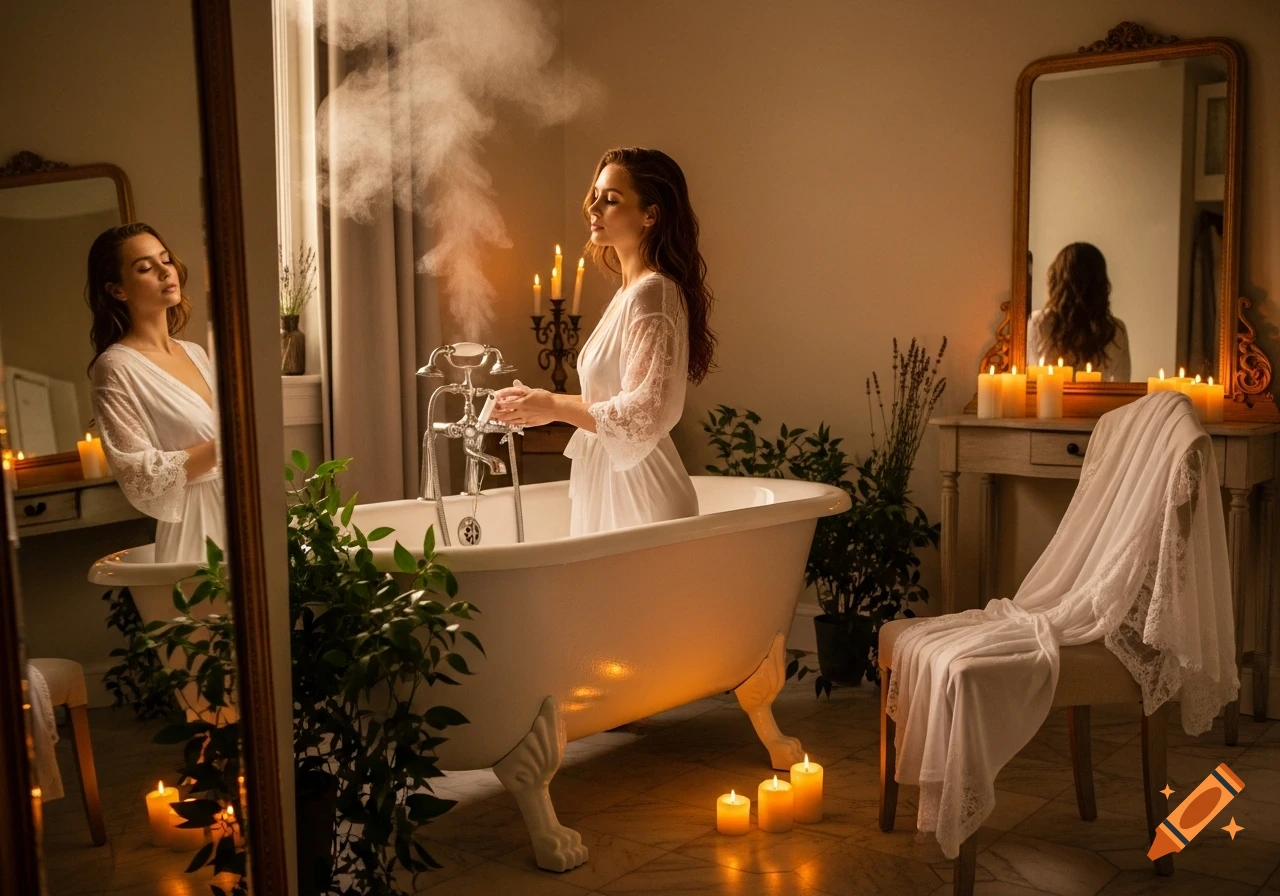 A serene woman in a white robe stands in a steaming clawfoot bathtub, surrounded by lit candles in an elegant bathroom.