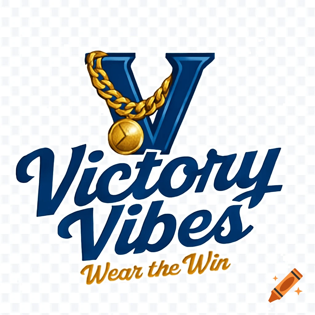 A blue and gold logo with a large 'V' wrapped in a gold baseball chain, with the words 'Victory Vibes' in blue and 'Wear the Win' in gold below it.