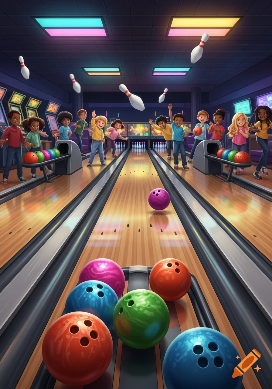 Cartoon illustration of diverse children cheering in a vibrant bowling alley with colorful balls and flying pins.