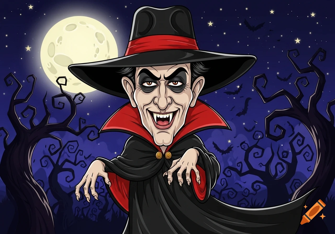 Cartoon portrait of a grinning vampire in a hat and cape against a full moon, starry night sky with bats and spooky trees.