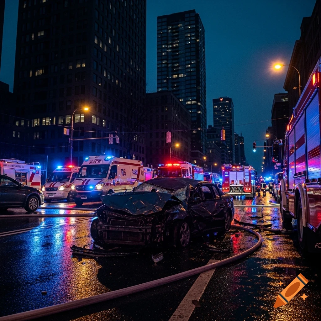A dark night city street after a car accident, with a wrecked car in the foreground surrounded by emergency vehicles with flashing lights.