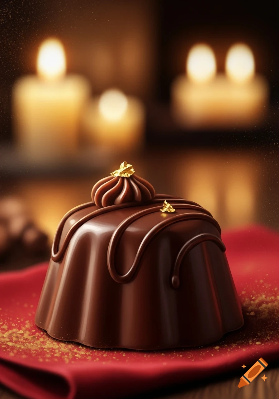 A rich chocolate dessert with ganache swirls and gold leaf on a red napkin, illuminated by soft candlelight.