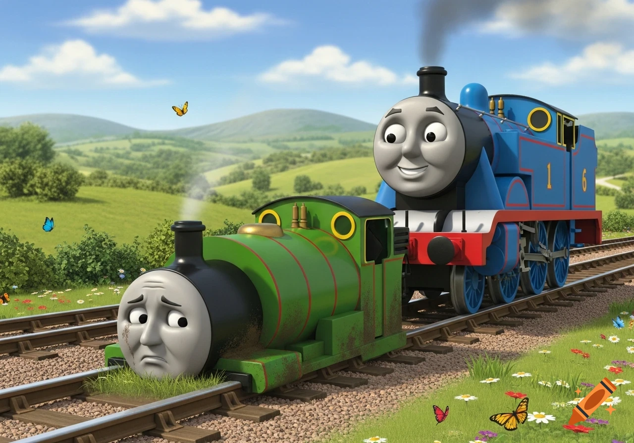 Percy, a green train, is derailed and looks sad. Thomas, a blue train, smiles happily next to him on a sunny, grassy hillside.