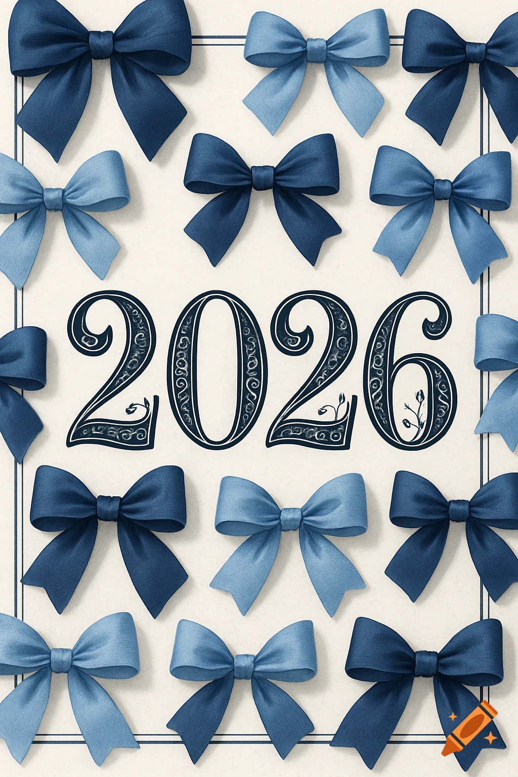 A background of blue bows in various shades surrounding the ornate text '2026' in the center.