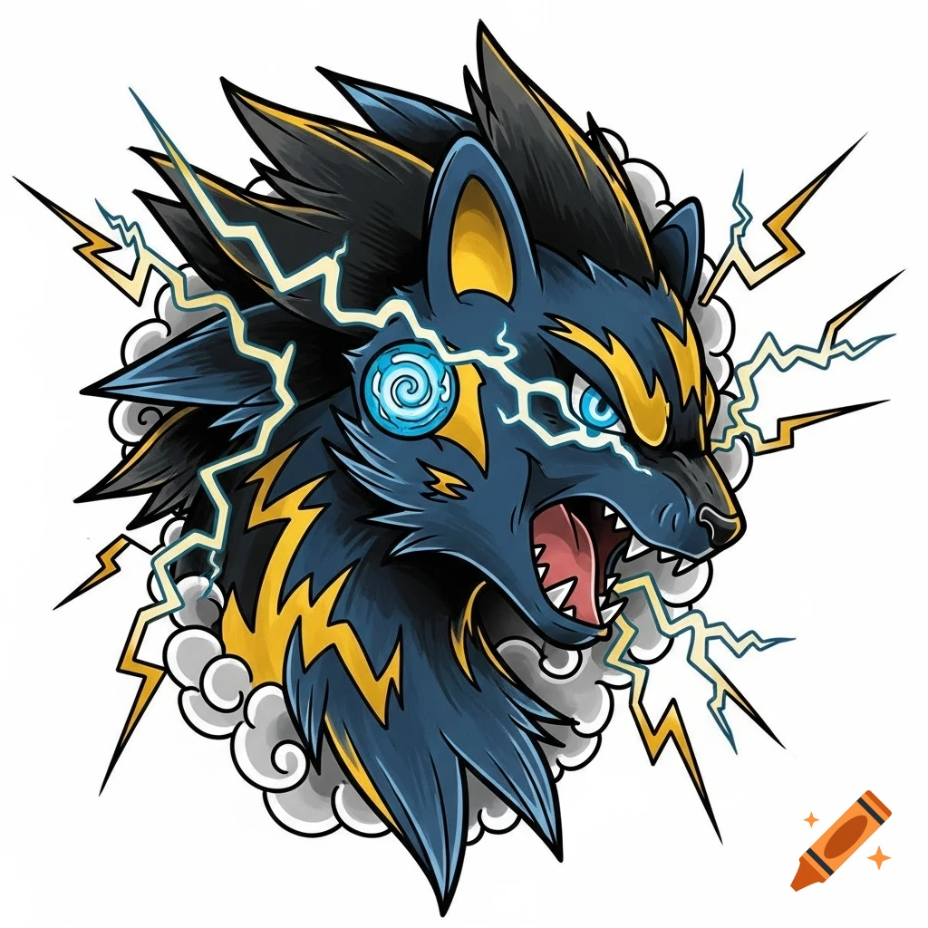 Stylized blue and yellow Luxray head roaring with a spiral eye, surrounded by lightning and clouds, in American traditional tattoo style.