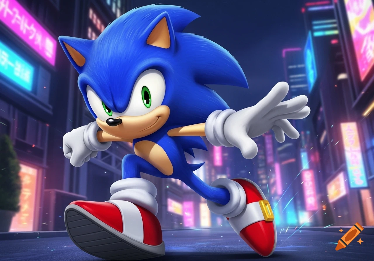 Sonic the Hedgehog runs through a vibrant neon-lit cityscape at night, depicted in a digital art style.