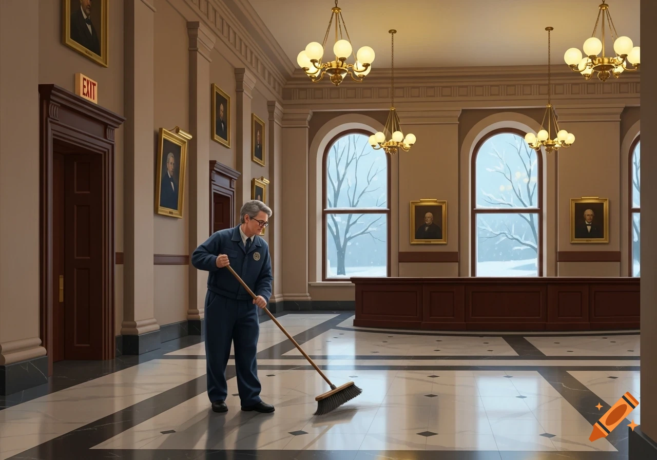 A custodian in a blue uniform sweeps the polished marble floor of a grand hall with chandeliers, framed portraits, and large windows looking out onto a snowy scene.