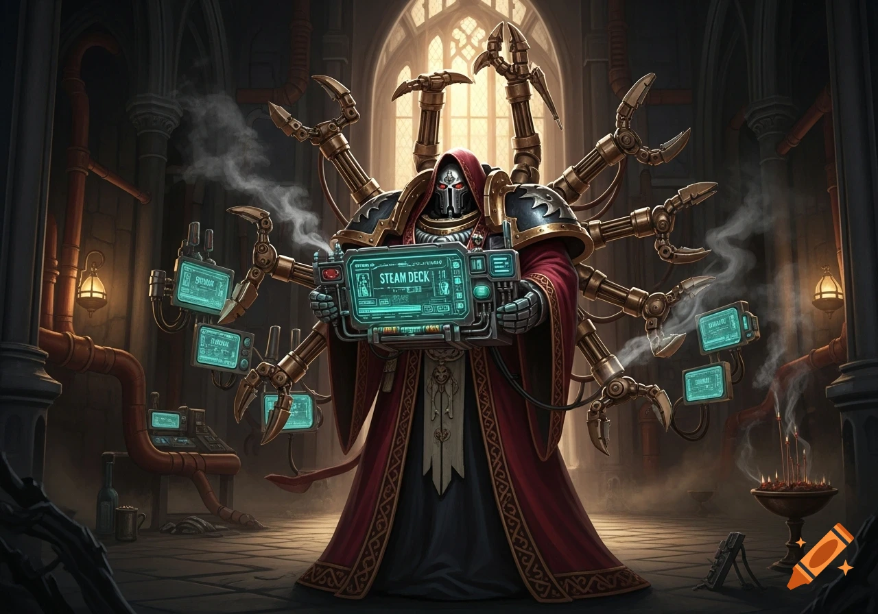 A Warhammer 40k Tech-Priest with multiple mechanical arms holds a device labeled 'STEAM DECK' in a gothic, industrial setting.