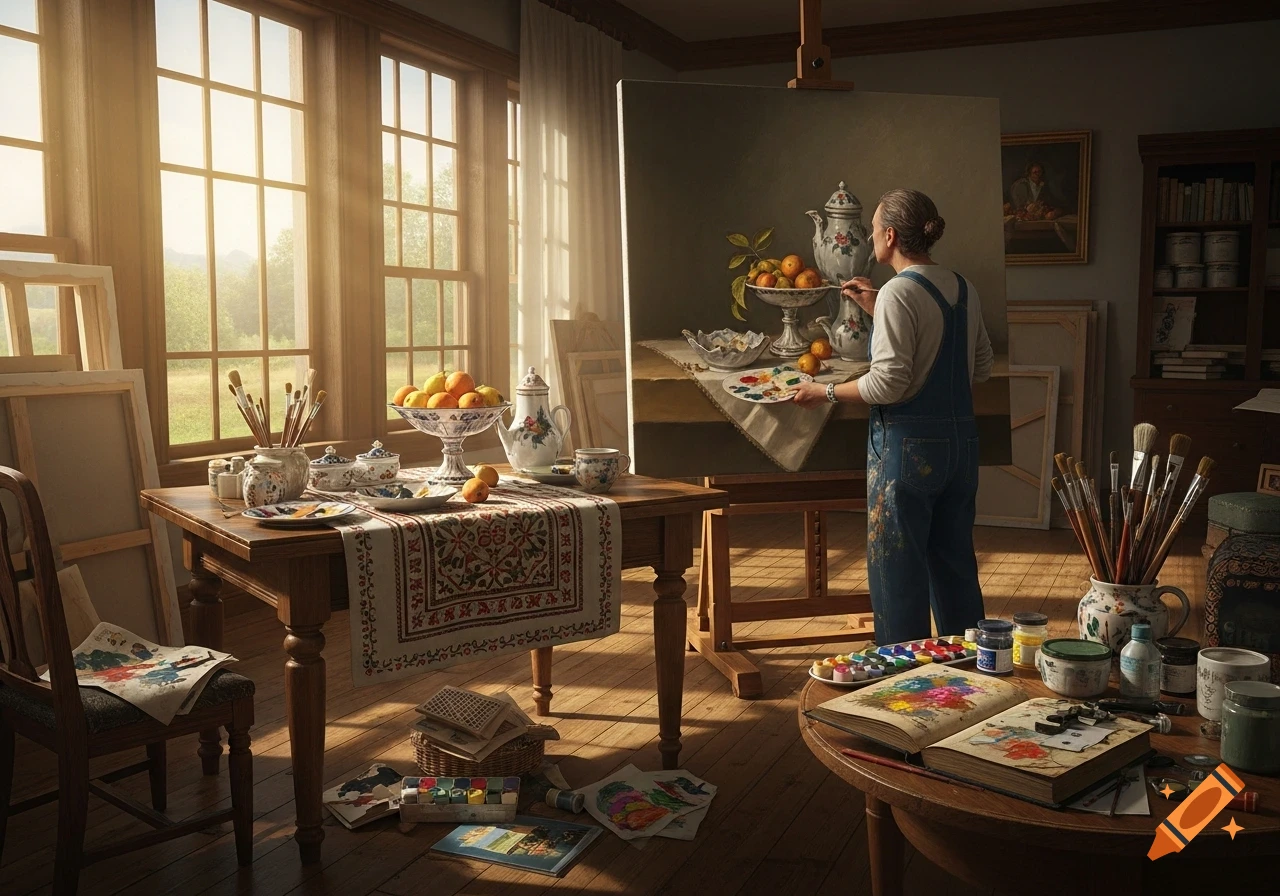 An artist paints a still life of fruit and pottery in a sunlit art studio, surrounded by canvases and supplies. Photorealistic style.