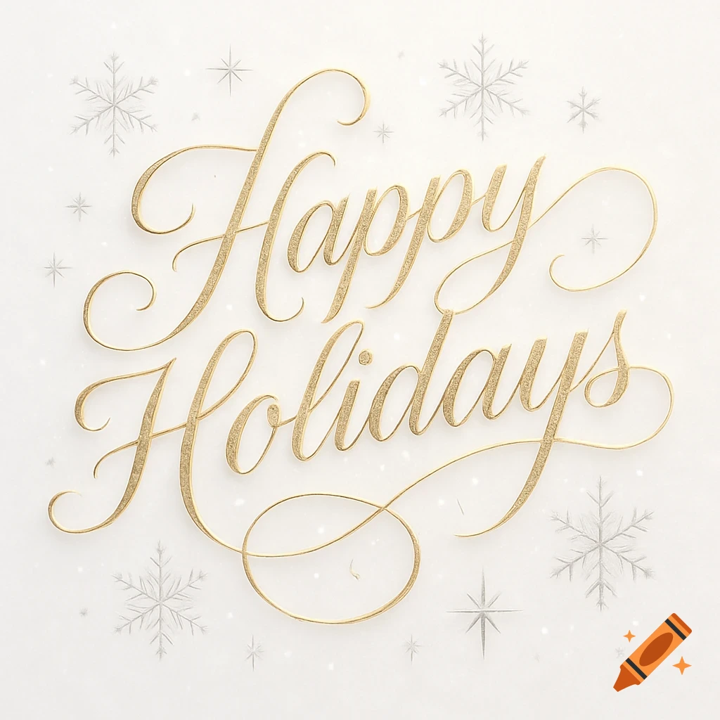 Gold glitter text 'Happy Holidays' in an elegant script font, surrounded by white snowflakes on a light, subtle background.