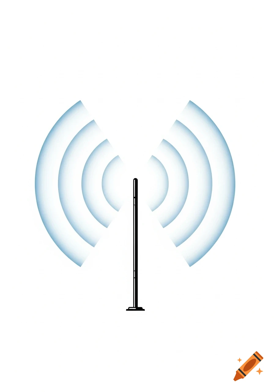 Clip art of a small vertical whip antenna radiating blue radio waves on a white background.