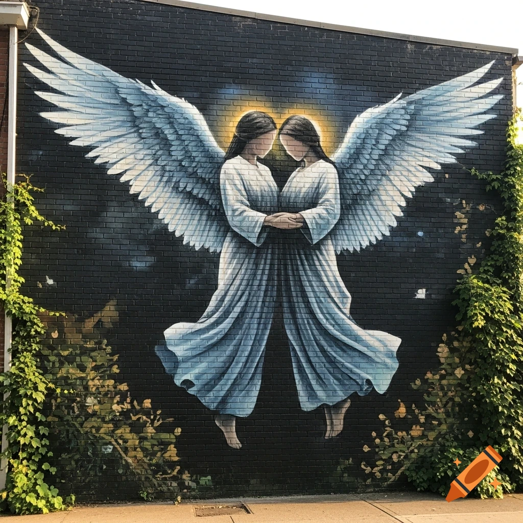 A mural on a dark brick wall depicts two faceless angels with large white wings, holding hands, and golden halos.