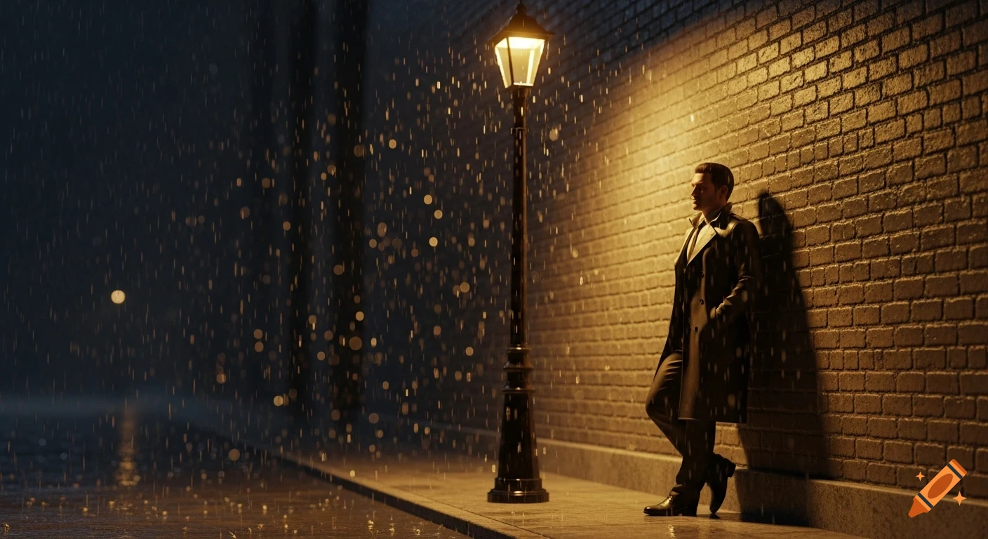 A man in a trench coat leans against a wet brick wall under a glowing streetlamp in the rain at night, with bokeh effects.
