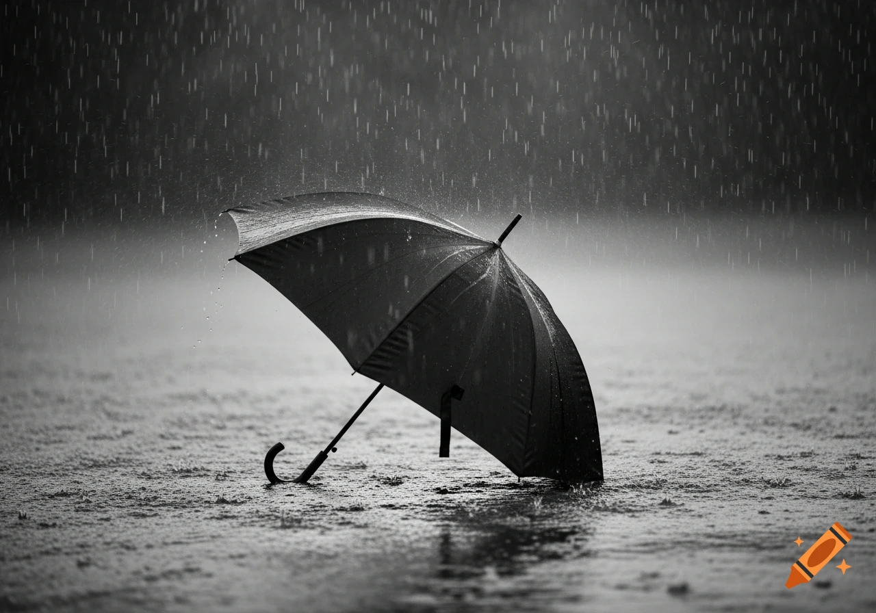 Photorealistic black and white image of a single open umbrella standing on wet ground with heavy rain falling around it.