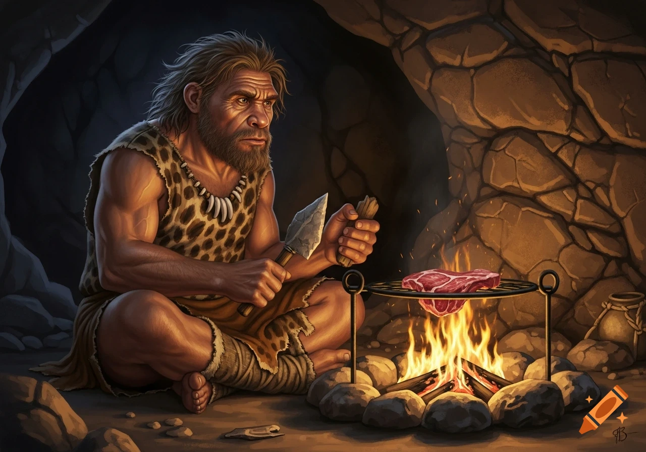 A realistic caveman sits by a fire in a cave, cooking meat on a grill with a stone tool in hand.