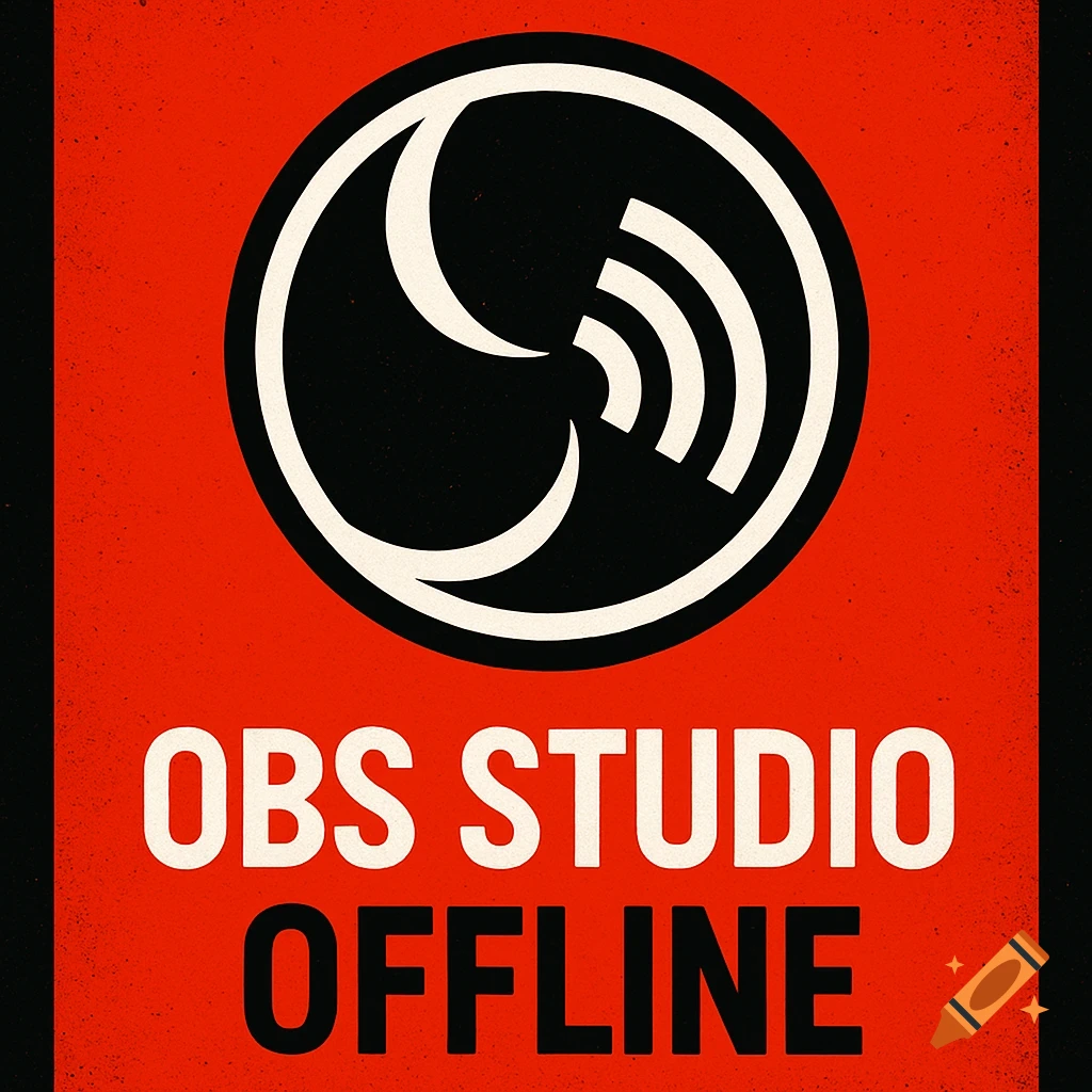 OBS STUDIO OFFLINE logo with a broadcast icon on a red, distressed background in a government emergency style.