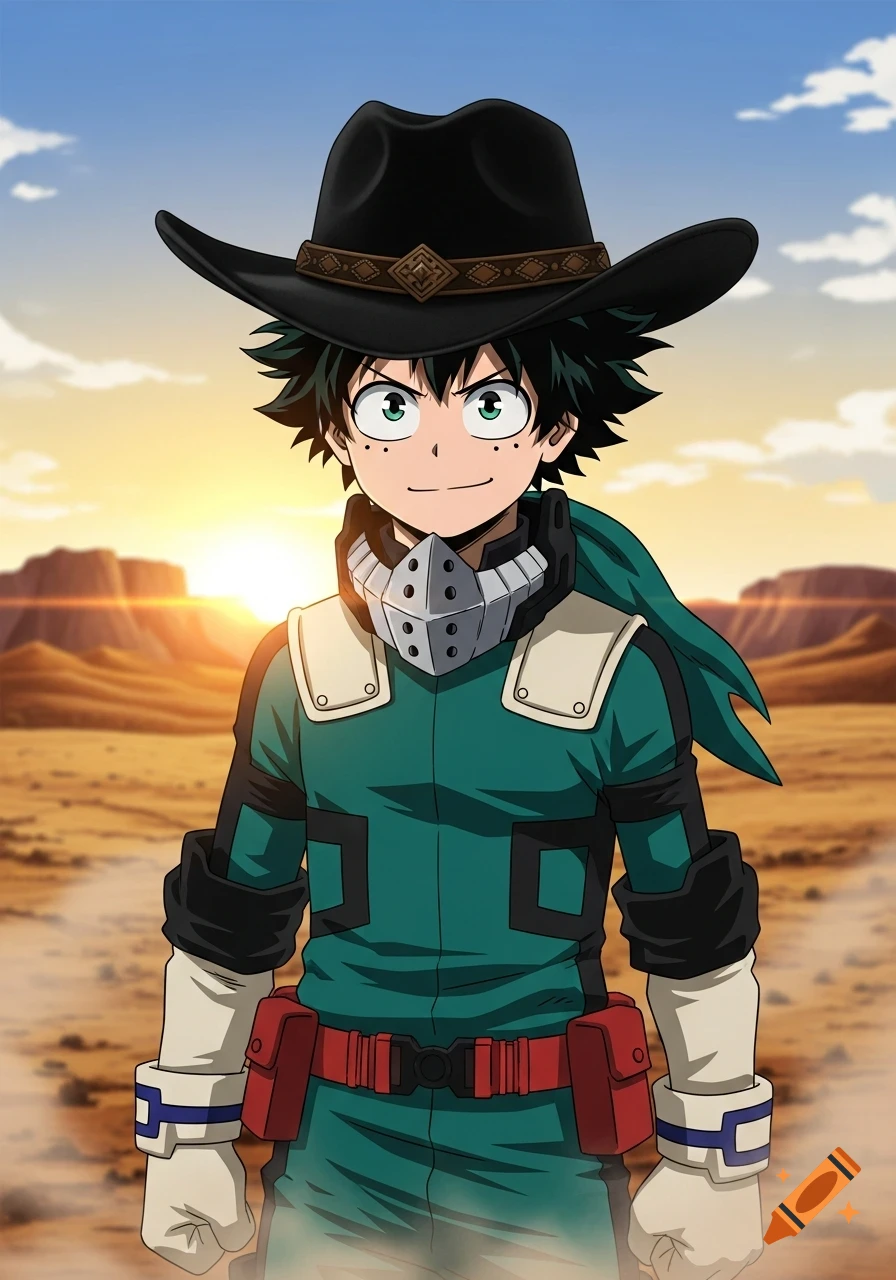 Deku from My Hero Academia wearing a black cowboy hat with a brown hatband, standing in a desert at sunset, anime style.