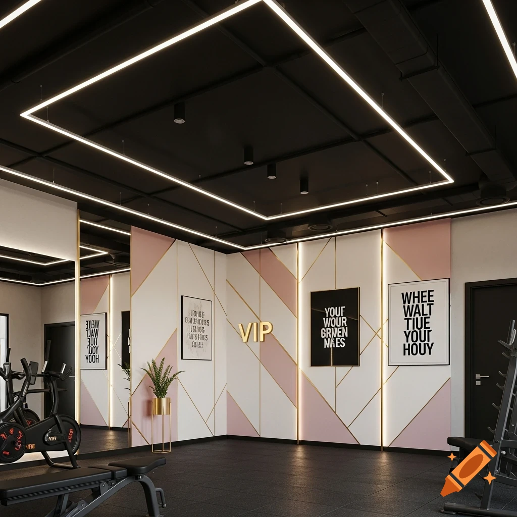 A modern, luxurious women's gym with pink, white, and gold accent panels, black ceiling, LED strip lighting, and fitness equipment.