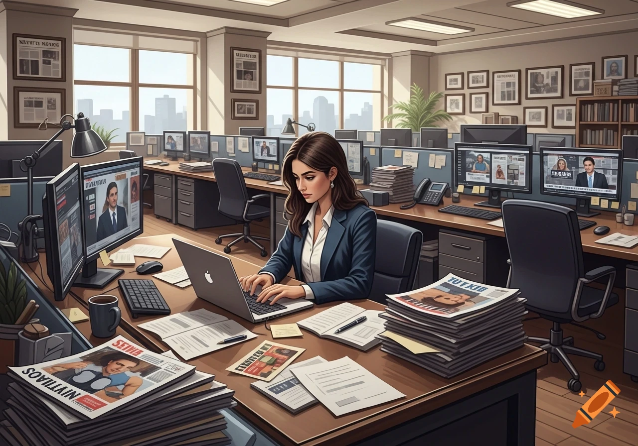 A stylized illustration of a female journalist working at a laptop in a busy newsroom office with multiple monitors and newspapers.