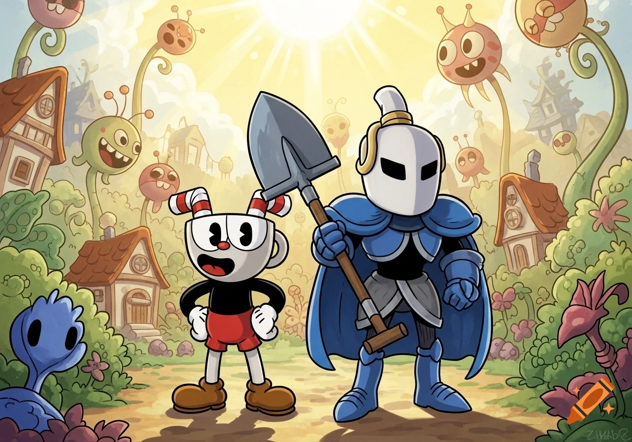 Cuphead and Shovel Knight stand in a bright, whimsical cartoon fantasy landscape with houses and smiling plants.