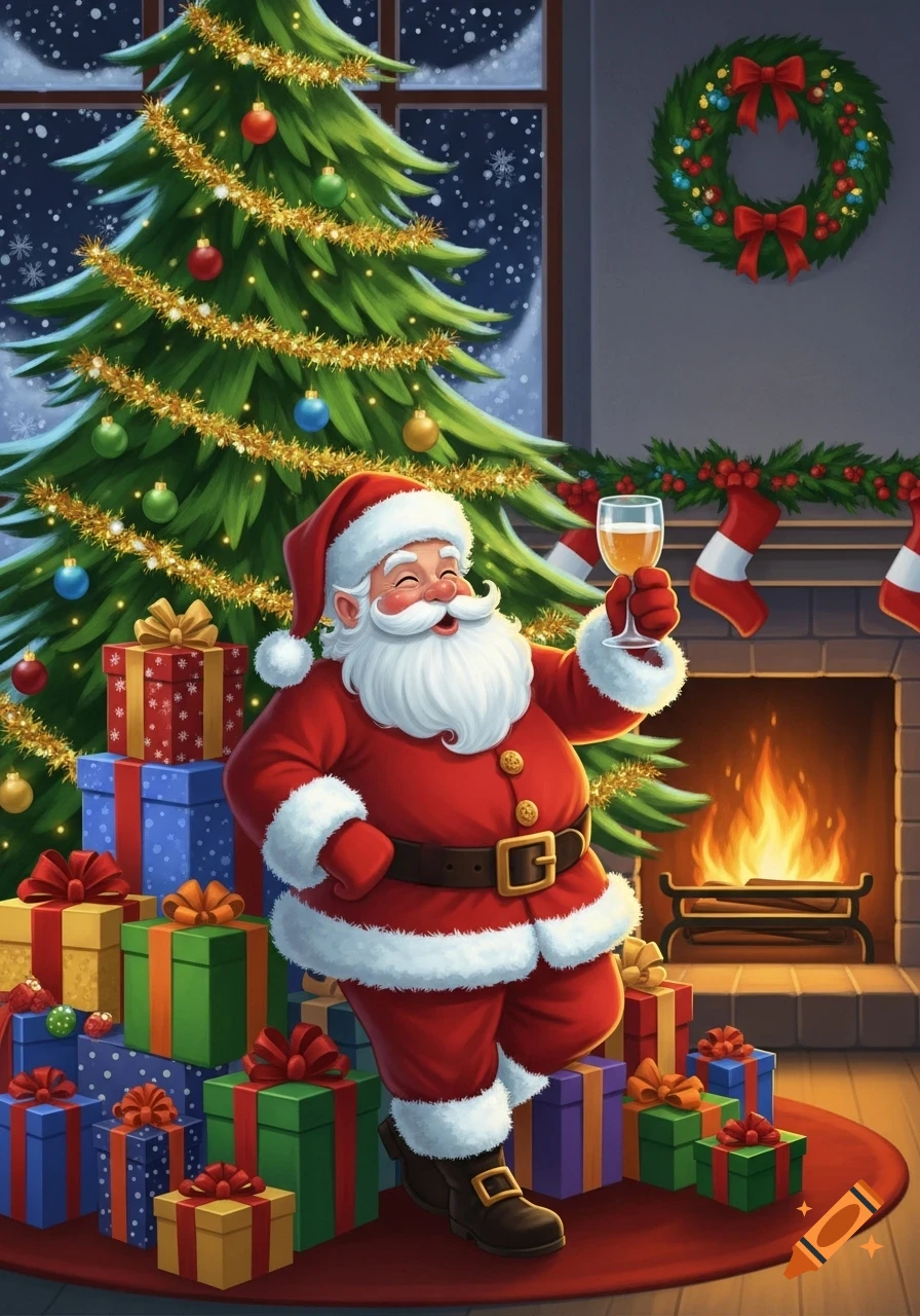 A smiling Santa Claus in a cartoon style, raising a glass by a decorated Christmas tree and fireplace, surrounded by colorful presents.