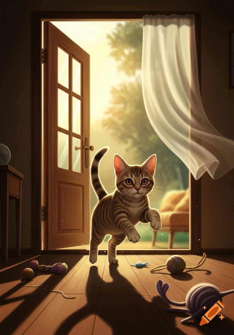 A tan tabby kitten runs across a sunlit wooden floor in a room with an open door and scattered toys.