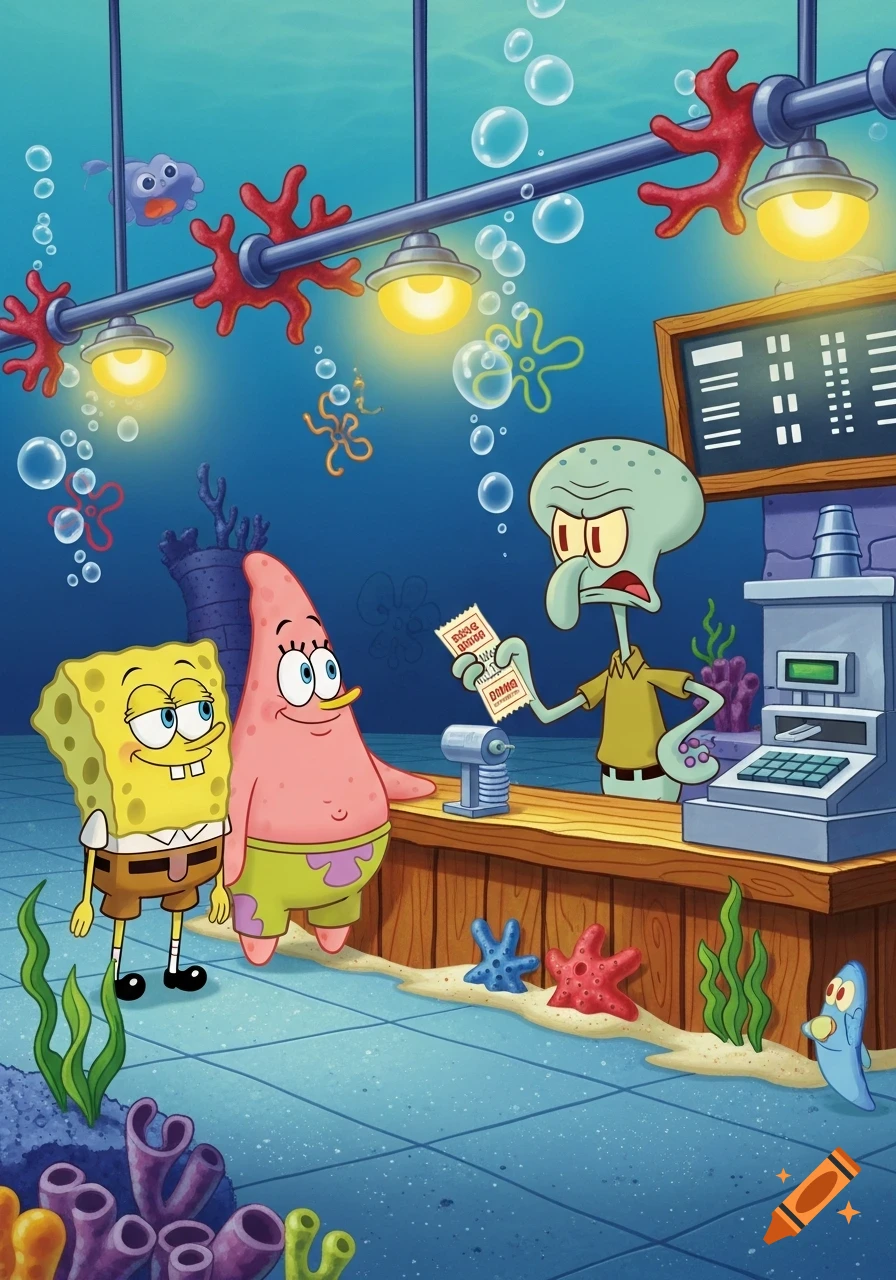 Spongebob and Patrick confront an angry Squidward over an expired coupon at a counter in an underwater restaurant, cartoon style.