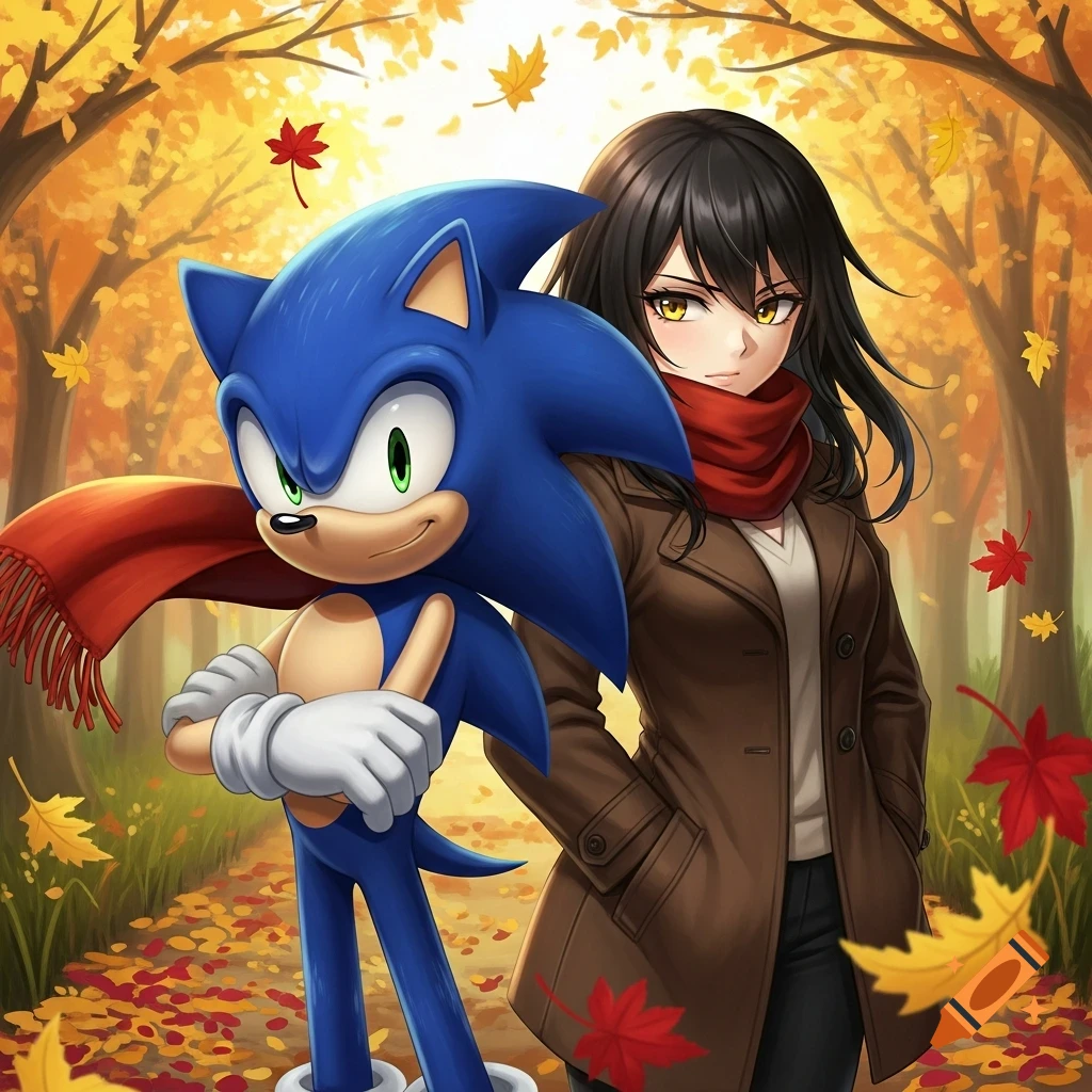 Sonic the Hedgehog and a black-haired anime girl with yellow eyes stand on a leaf-covered path in an autumn forest.