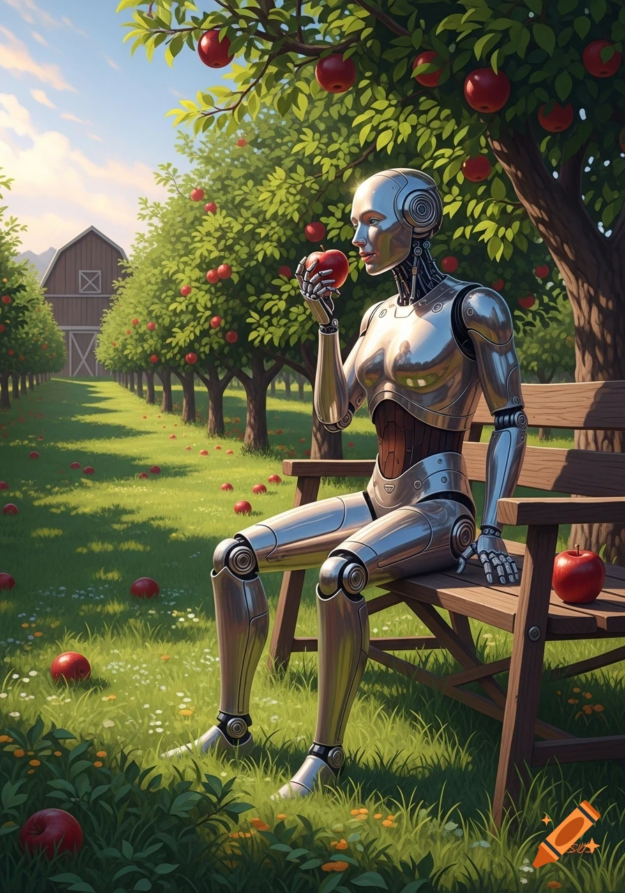 A silver humanoid robot sits on a wooden bench in an apple orchard, holding a red apple to its mouth, with a barn in the background.