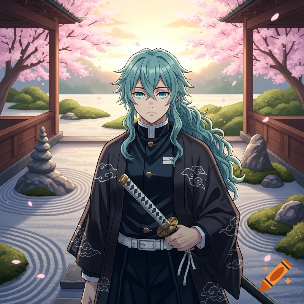 Anime character with long teal hair and blue eyes, wearing a black uniform and haori, holding a katana in a Japanese garden.