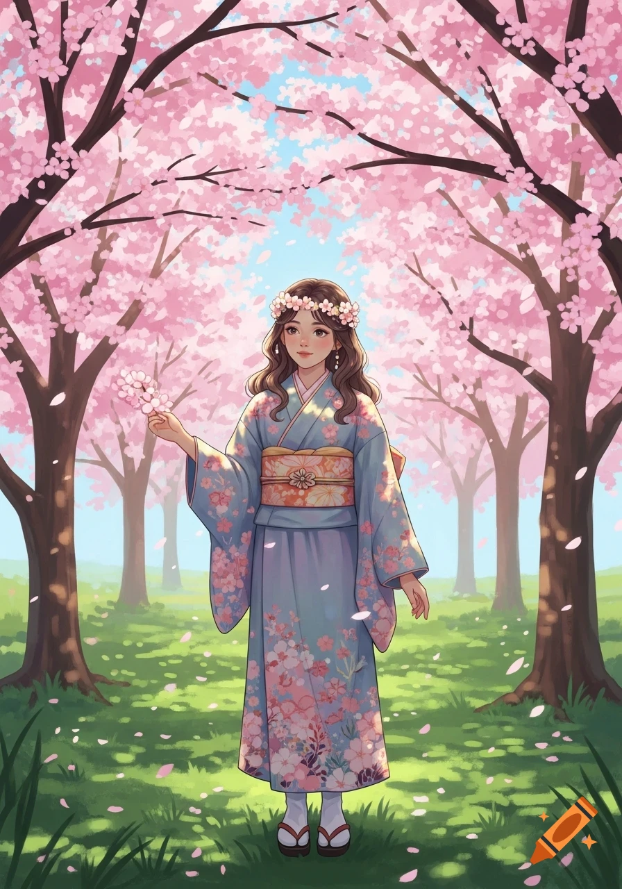 Anime illustration of a girl in a blue kimono and flower crown, standing under pink cherry blossom trees in a grassy field.